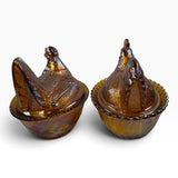 Rosso Westmoreland Carnival Glass Amber Hen and Rooster Nest Set USA New