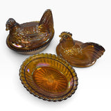 Rosso Westmoreland Carnival Glass Amber Hen and Rooster Nest Set USA New